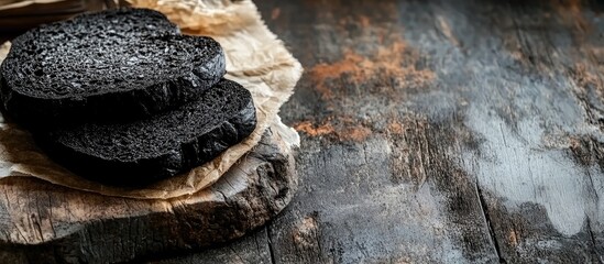 Leinwandbilder - Charcoal black bread set against a rustic background with copy space Pane al carbone