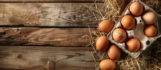 Aufkleber - Fresh chicken eggs background Brown and white eggs in a craft carton placed on hay at a rustic wooden table with copyspace Top view Concept of natural healthy food and organic farming