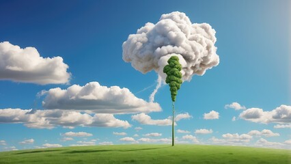 Concept for reducing carbon dioxide emissions. 3D rendering of a CO2 cloud on a newly planted grassland with a background of blue sky.