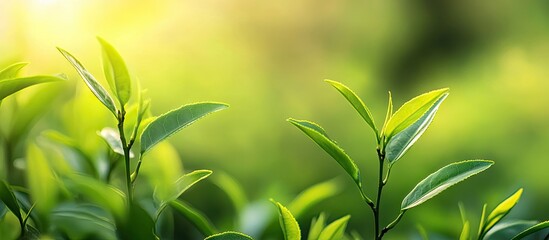 Poster - Blurred backdrop of young tea tree leaves on a sunny day. with copy space image. Place for adding text or design