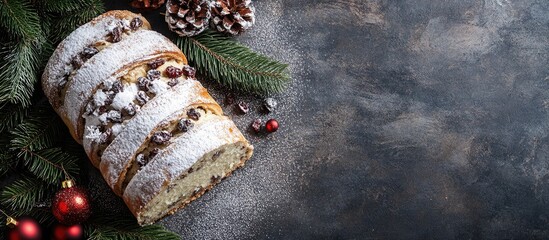 Aufkleber - Christmas stollen topped with icing sugar marzipan and raisins A traditional Dresden Christmas pastry On a table with fir tree branches and Christmas decorations viewed from above with copy space