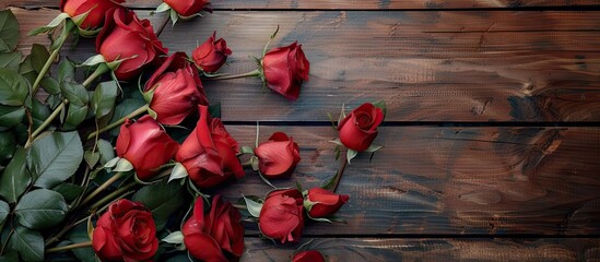 Aufkleber - red roses on a wooden surface Valentine s Day backdrop. with copy space image. Place for adding text or design