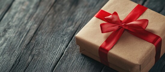 Aufkleber - Gift box wrapped in recycled eco paper with a red satin ribbon on a gray wooden vintage table Mock up gift boxes and decorative ribbon Background for your design Holiday theme Vintage style