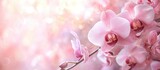 Delicate pink soft background featuring orchid flowers Floral greeting card spring concept Copy space