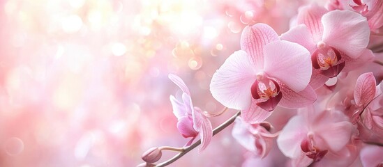 Aufkleber - Delicate pink soft background featuring orchid flowers Floral greeting card spring concept Copy space