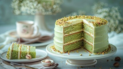 Pistachio cake with green frosting and a slice served on a plate, decorated with chopped nuts