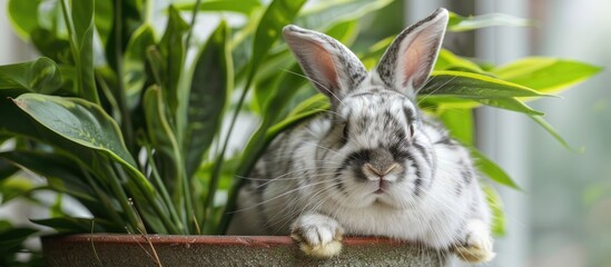 Poster - Adorable fluffy spotted bunny with gray and white fur resting next to a pot containing a green houseplant indoors. with copy space image. Place for adding text or design
