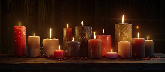 Wall Mural - lovely candles flickering against a dark backdrop. with copy space image. place for adding text or d