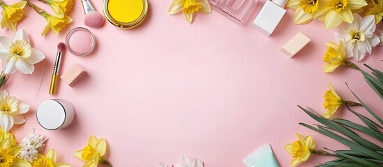 Poster - Blank card with a frame of various cosmetics and daffodils on a pink background. with copy space image. Place for adding text or design