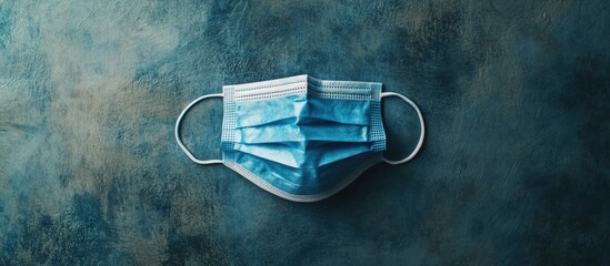 Top view image of disposable medical face masks designed to prevent infection on a classic blue backdrop. with copy space image. Place for adding text or design