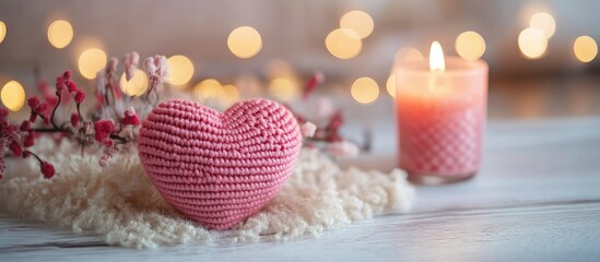Aufkleber - Handmade crochet pink heart on a candle for Valentine s Day with copyspace Selective focus