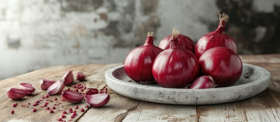Aufkleber - Red seeding onion on a concrete plate on a wooden surface with copy space
