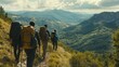 © keetazalay - A group of friends hiking through a scenic mountain trail, backpacks filled with gear, the path winding through forests and meadows, and a stunning view of the landscape below