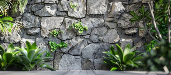 Poster - Natural stone wall featuring plants in the background. with copy space image. Place for adding text or design