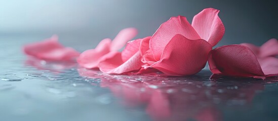 Leinwandbilder - pink rose petals on a grey glass surface minimalist aesthetic concept. with copy space image. place 