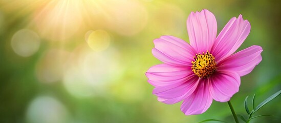 Fototapete - Beautiful pink blooming cosmos flower in macro Stunning close up of the flower Vibrant plant against a green background with copy space featuring vivid petals Prominent pistil and stamens