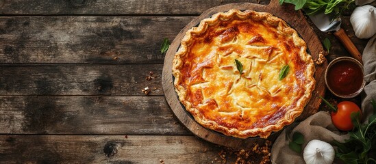 Poster - savory pie with cheese filling a fresh and healthy meal or snack option placed on the table with copyspace for a food background rustic top view
