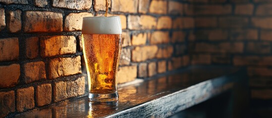 Aufkleber - Pouring beer into a pint against a stylish brick wall backdrop Fresh drinks and a pub atmosphere. with copy space image. Place for adding text or design