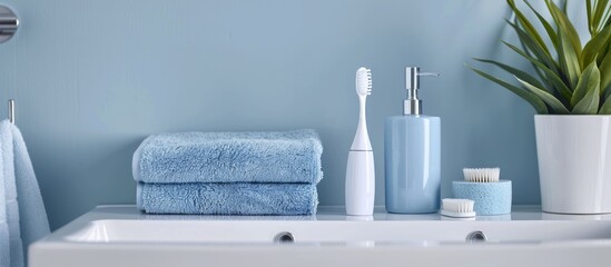 Poster - Dispenser toothbrush holders featuring toothbrushes and ear sticks on a bathroom shelf alongside towels and a hairbrush set against a blue background representing a zero waste concept