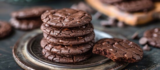 Wall Mural - Home made chocolate cookies stacked atop each other detailed photography. with copy space image. Place for adding text or design