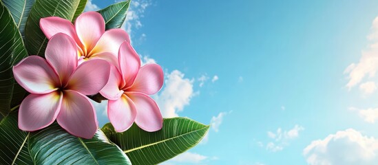 Leinwandbilder - Beautiful pink tropical plumeria frangipani flowers with green leaves against a blue sky featuring copyspace for text decoration