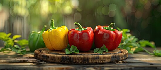 Peppers on a wooden table backdrop. with copy space image. Place for adding text or design