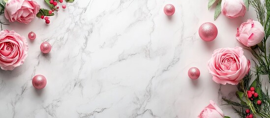 Aufkleber - Spring holiday theme with pink roses and decorations set against a white marble background. with copy space image. Place for adding text or design