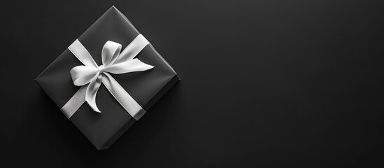 Poster - Black and white a sophisticated and meticulously arranged gift box against a black backdrop New Year and Christmas theme Valentine s gift idea Top view Space for text Copyspace Negative space Templat