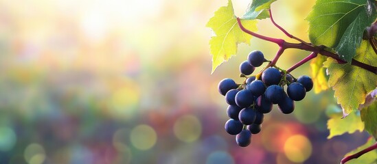 Poster - Close up image of a vine branch featuring green leaves and a solitary dark blue ripe grape cluster illuminated by bright sunlight against a blurred colorful bokeh copyspace background Agriculture gar