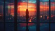 © PBMasterDesign - A silhouette of a woman gazing at a vibrant sunset through a glass window, capturing a moment of reflection and beauty.