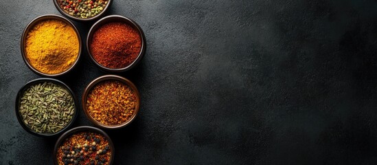 Fototapete - Assorted spices in bowls on a black concrete surface Top view copy space