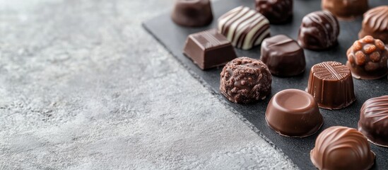 Poster - Various chocolate candies on a gray concrete background Side view copy space