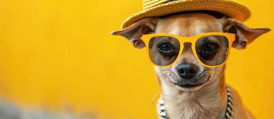 Aufkleber - Portrait of an adorable Chihuahua puppy wearing glasses a gold chain and a hat The small smiling dog is set against a vibrant trendy yellow background Copyspace for text is available