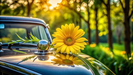 A bright yellow daisy blooms on the hood of a vintage car, surrounded by lush greenery, capturing the essence of a sunny spring morning.