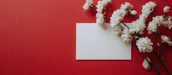 Poster - A blank card featuring fresh flowers against a red background. with copy space image. Place for adding text or design