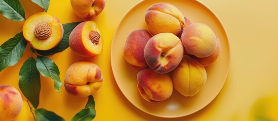 Aufkleber - A plate with several whole fresh ripe peaches and green leaves is set on a white table in a flat lay arrangement There is space for text. with copy space image. Place for adding text or design
