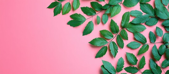 Creative flat lay top view design featuring fresh green rowan tree leaves on a vibrant pink background with copy space presented in a minimal duotone pop art style serving as a frame template for tex