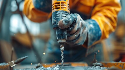 Wall Mural - A close-up shot of a construction worker hand expertly using a power drill. Generative AI.