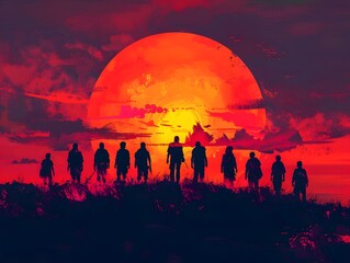 Canvas Print - Silhouettes of People Standing Against a Red Sky.