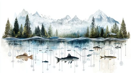 A serene landscape featuring mountains, trees, and various fish swimming in clear water, evoking tranquility and natural beauty.