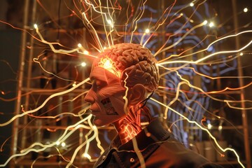 Poster - Anatomical model showing brain activity with electrical impulses flowing through the head