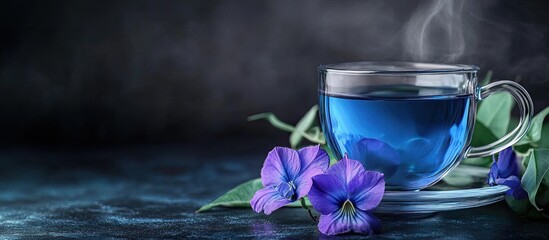 Poster - Butterfly pea flower tea against a dark backdrop. with copy space image. Place for adding text or design