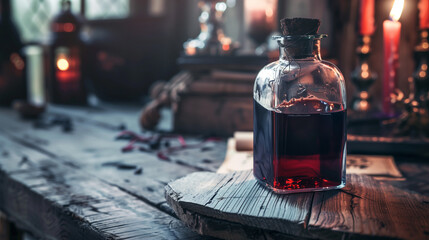 Glass bottles on a wooden surface. Copy space. 