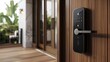 © visoot - A sleek, modern smart lock with a black, glossy finish is installed on a natural wood-colored door. with a sophisticated matte finish. minimalist and brutalist. Generative AI.
