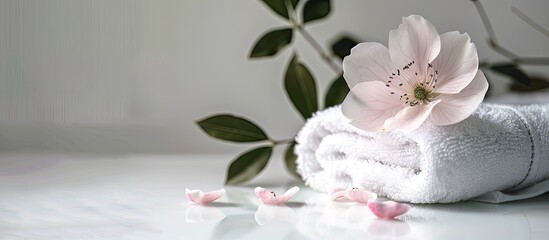 Poster - Spa arrangement featuring a towel and a pink flower on a white background with copy space Square image
