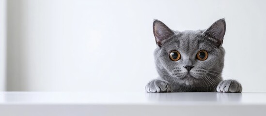Poster - A humorous gray British breed cat looks out from behind a white table against a light background with copy space