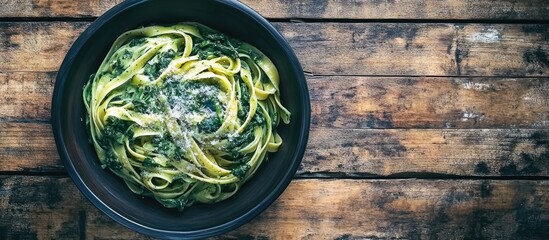 Poster - Pasta with spinach and blue cheese on a wooden backdrop Top view Copy space