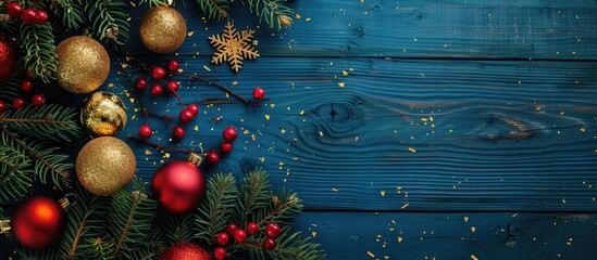 Poster - A stunning Christmas tree adorned with red and golden decorations set against a blue painted wooden background Copy space selective focus flat lay