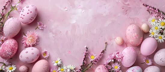 Leinwandbilder - Easter backdrop featuring pink handmade Easter eggs and spring flowers Top view flat lay background Copy space