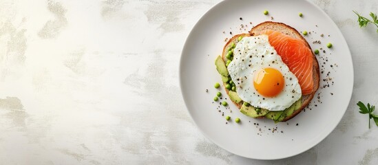 Leinwandbilder - Egg breakfast Nutritious and healthy meal featuring eggs a salmon and avocado sandwich and sprouted pea seeds. with copy space image. Place for adding text or design